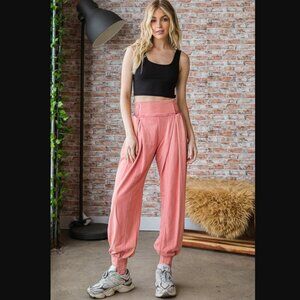 S7076 OLI & HALI Berry Pink Pleated High Rise Jogger Pants